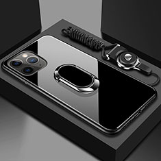 Apple iPhone 11 Pro Max用ハイブリットバンパーケース プラスチック 鏡面 カバー アンド指輪 マグネット式 T01 アップル ブラック