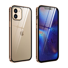 Apple iPhone 12用ケース 高級感 手触り良い アルミメタル 製の金属製 360度 フルカバーバンパー 鏡面 カバー T04 アップル ゴールド