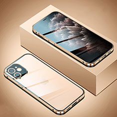 Apple iPhone 12 Mini用ケース 高級感 手触り良い アルミメタル 製の金属製 360度 フルカバーバンパー 鏡面 カバー T02 アップル ゴールド