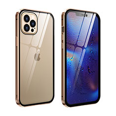 Apple iPhone 12 Pro Max用ケース 高級感 手触り良い アルミメタル 製の金属製 360度 フルカバーバンパー 鏡面 カバー T04 アップル ゴールド