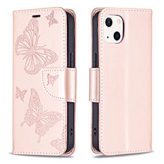 Apple iPhone 13用手帳型 レザーケース スタンド バタフライ 蝶 カバー L09 アップル ピンク