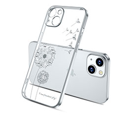 Apple iPhone 13用極薄ソフトケース シリコンケース 耐衝撃 全面保護 クリア透明 花 アップル シルバー