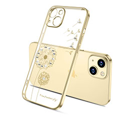 Apple iPhone 13用極薄ソフトケース シリコンケース 耐衝撃 全面保護 クリア透明 花 アップル ゴールド