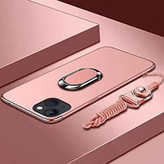 Apple iPhone 13用ケース 高級感 手触り良い メタル兼プラスチック バンパー アンド指輪 亦 ひも アップル ローズゴールド