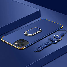Apple iPhone 13用ケース 高級感 手触り良い メタル兼プラスチック バンパー アンド指輪 亦 ひも アップル ネイビー