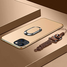 Apple iPhone 13 Mini用ケース 高級感 手触り良い メタル兼プラスチック バンパー アンド指輪 亦 ひも アップル ゴールド