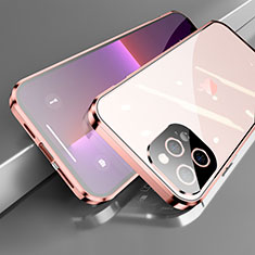 Apple iPhone 13 Pro用ケース 高級感 手触り良い アルミメタル 製の金属製 360度 フルカバーバンパー 鏡面 カバー M05 アップル ローズゴールド