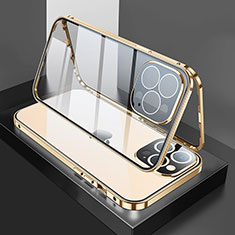 Apple iPhone 13 Pro用ケース 高級感 手触り良い アルミメタル 製の金属製 360度 フルカバーバンパー 鏡面 カバー M02 アップル ゴールド