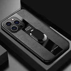 Apple iPhone 13 Pro Max用シリコンケース ソフトタッチラバー レザー柄 アンド指輪 マグネット式 S04 アップル ブラック