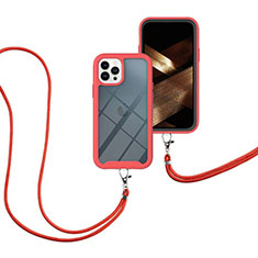 Apple iPhone 13 Pro Max用ハイブリットバンパーケース プラスチック 兼シリコーン カバー 前面と背面 360度 フル 携帯ストラップ アップル レッド