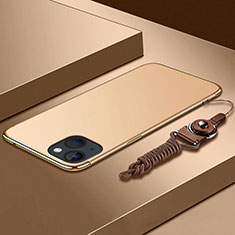 Apple iPhone 14用ケース 高級感 手触り良い メタル兼プラスチック バンパー 亦 ひも アップル ゴールド