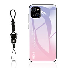 Apple iPhone 14用ハイブリットバンパーケース プラスチック 鏡面 虹 グラデーション 勾配色 カバー M01 アップル ピンク