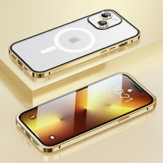 Apple iPhone 14用ケース 高級感 手触り良い メタル兼プラスチック バンパー Mag-Safe 磁気 Magnetic LF1 アップル ゴールド