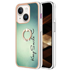 Apple iPhone 14用シリコンケース ソフトタッチラバー バタフライ パターン カバー アンド指輪 Y02B アップル グリーン