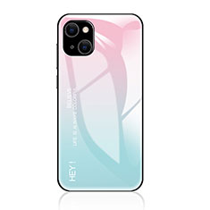 Apple iPhone 14 Plus用ハイブリットバンパーケース プラスチック 鏡面 虹 グラデーション 勾配色 カバー アップル シアン