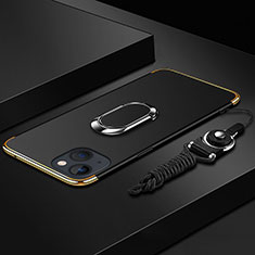 Apple iPhone 14 Plus用ケース 高級感 手触り良い メタル兼プラスチック バンパー アンド指輪 亦 ひも アップル ブラック