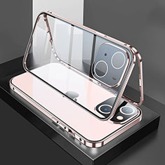 Apple iPhone 14 Plus用ケース 高級感 手触り良い アルミメタル 製の金属製 360度 フルカバーバンパー 鏡面 カバー M01 アップル ローズゴールド