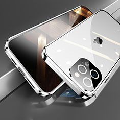 Apple iPhone 14 Pro用ケース 高級感 手触り良い アルミメタル 製の金属製 360度 フルカバーバンパー 鏡面 カバー M05 アップル シルバー
