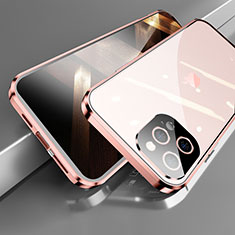 Apple iPhone 14 Pro用ケース 高級感 手触り良い アルミメタル 製の金属製 360度 フルカバーバンパー 鏡面 カバー M05 アップル ローズゴールド