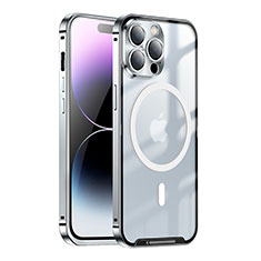 Apple iPhone 14 Pro用ケース 高級感 手触り良い メタル兼プラスチック バンパー Mag-Safe 磁気 Magnetic LK1 アップル シルバー