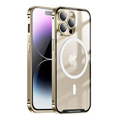 Apple iPhone 14 Pro用ケース 高級感 手触り良い メタル兼プラスチック バンパー Mag-Safe 磁気 Magnetic LK1 アップル ゴールド