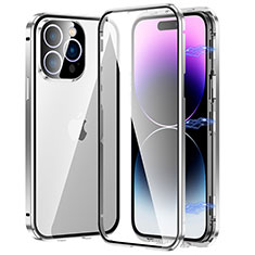 Apple iPhone 14 Pro用ケース 高級感 手触り良い アルミメタル 製の金属製 360度 フルカバーバンパー 鏡面 カバー LO1 アップル シルバー