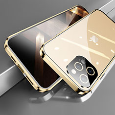 Apple iPhone 14 Pro Max用ケース 高級感 手触り良い アルミメタル 製の金属製 360度 フルカバーバンパー 鏡面 カバー M05 アップル ゴールド