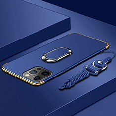Apple iPhone 14 Pro Max用ケース 高級感 手触り良い メタル兼プラスチック バンパー アンド指輪 亦 ひも アップル ネイビー