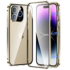 Apple iPhone 14 Pro Max用ケース 高級感 手触り良い アルミメタル 製の金属製 360度 フルカバーバンパー 鏡面 カバー LO1 アップル ゴールド