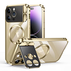 Apple iPhone 14 Pro Max用ケース 高級感 手触り良い メタル兼プラスチック バンパー Mag-Safe 磁気 Magnetic LK4 アップル ゴールド
