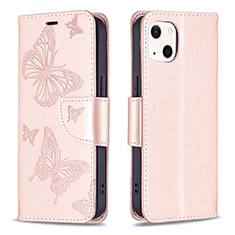 Apple iPhone 15用手帳型 レザーケース スタンド バタフライ 蝶 カバー L09 アップル ピンク