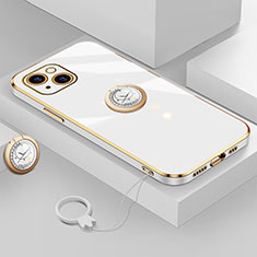 Apple iPhone 15用極薄ソフトケース シリコンケース 耐衝撃 全面保護 アンド指輪 マグネット式 バンパー A08 アップル ホワイト