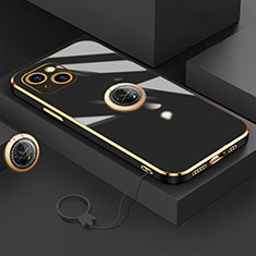 Apple iPhone 15用極薄ソフトケース シリコンケース 耐衝撃 全面保護 アンド指輪 マグネット式 バンパー A08 アップル ブラック