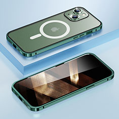 Apple iPhone 15用ケース 高級感 手触り良い メタル兼プラスチック バンパー Mag-Safe 磁気 Magnetic LF1 アップル グリーン