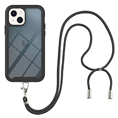 Apple iPhone 15用ハイブリットバンパーケース プラスチック 兼シリコーン カバー 前面と背面 360度 フル 携帯ストラップ アップル ブラック