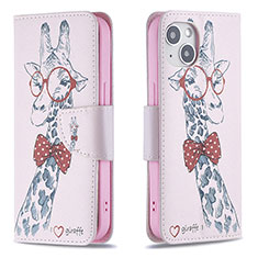 Apple iPhone 15 Plus用手帳型 レザーケース スタンド 花 カバー L01 アップル ピンク
