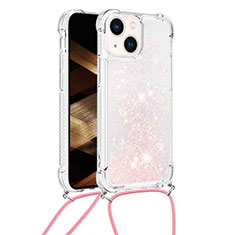 Apple iPhone 15 Plus用シリコンケース ソフトタッチラバー ブリンブリン カバー 携帯ストラップ S02 アップル ピンク
