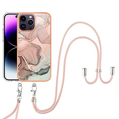 Apple iPhone 15 Pro用シリコンケース ソフトタッチラバー バタフライ パターン カバー 携帯ストラップ Y07B アップル ピンク