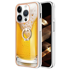 Apple iPhone 15 Pro用シリコンケース ソフトタッチラバー バタフライ パターン カバー アンド指輪 Y02B アップル イエロー