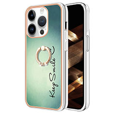 Apple iPhone 15 Pro用シリコンケース ソフトタッチラバー バタフライ パターン カバー アンド指輪 Y02B アップル グリーン