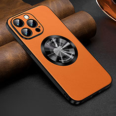 Apple iPhone 15 Pro用ケース 高級感 手触り良いレザー柄 Mag-Safe 磁気 Magnetic LD2 アップル オレンジ
