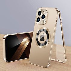 Apple iPhone 15 Pro用360度 フルカバー ケース 高級感 手触り良い アルミメタル 製の金属製 Mag-Safe 磁気 Magnetic P01 アップル ゴールド