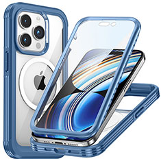 Apple iPhone 15 Pro用360度 フルカバー ハイブリットバンパーケース クリア透明 プラスチック カバー 360度 Mag-Safe 磁気 Magnetic T01 アップル ネイビー