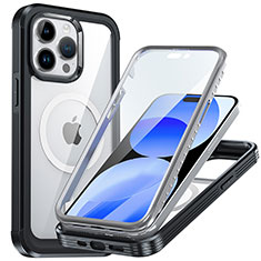 Apple iPhone 15 Pro用360度 フルカバー ハイブリットバンパーケース クリア透明 プラスチック カバー 360度 Mag-Safe 磁気 Magnetic T01 アップル ブラック