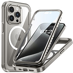 Apple iPhone 15 Pro Max用360度 フルカバー ハイブリットバンパーケース クリア透明 プラスチック カバー 360度 Mag-Safe 磁気 Magnetic T01 アップル グレー