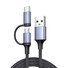Oppo A2m 5G用Type-C兼Micro USBケーブル 充電ケーブルAndroidユニバーサル 3A H01 ダークグレー