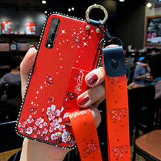 Huawei Enjoy 10S用シリコンケース ソフトタッチラバー 花 カバー ファーウェイ レッド