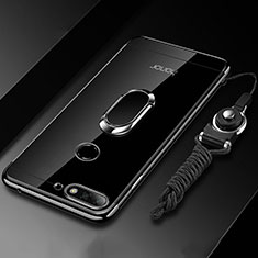 Huawei Enjoy 8e用極薄ソフトケース シリコンケース 耐衝撃 全面保護 クリア透明 アンド指輪 マグネット式 S01 ファーウェイ ブラック