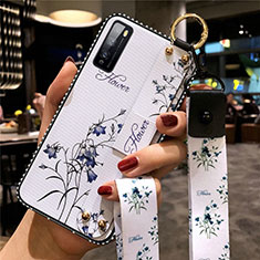 Huawei Enjoy Z 5G用シリコンケース ソフトタッチラバー 花 カバー ファーウェイ ホワイト