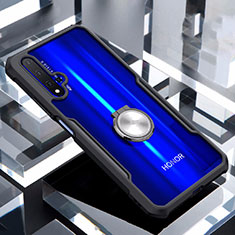 Huawei Honor 20用360度 フルカバーハイブリットバンパーケース クリア透明 プラスチック 鏡面 アンド指輪 マグネット式 ファーウェイ ブラック